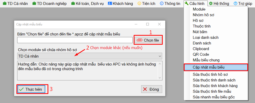 Menu Cập nhật mẫu biểu